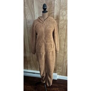 PINK Victorias Secret Sherpa Fleece Hooded Jumpsuit Tan Brown Full Zip Small‎